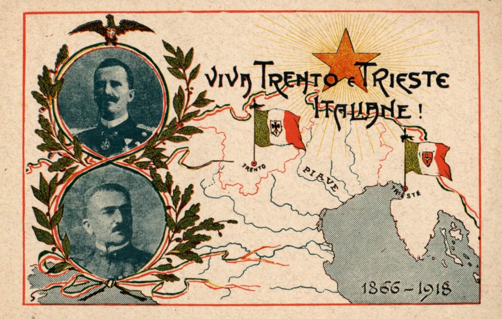 Cartolina di propaganda italiana del 1918: Commemorazione della Vittoria “Viva Trento e Trieste Italiane!”