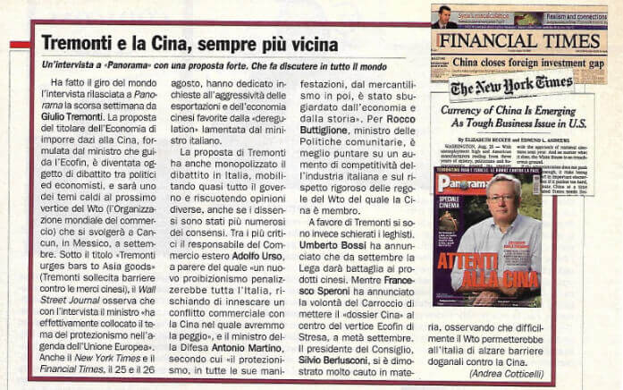 Articolo di Andrea Cotticelli su Panorama: Tremonti e la Cina, sempre più vicina
