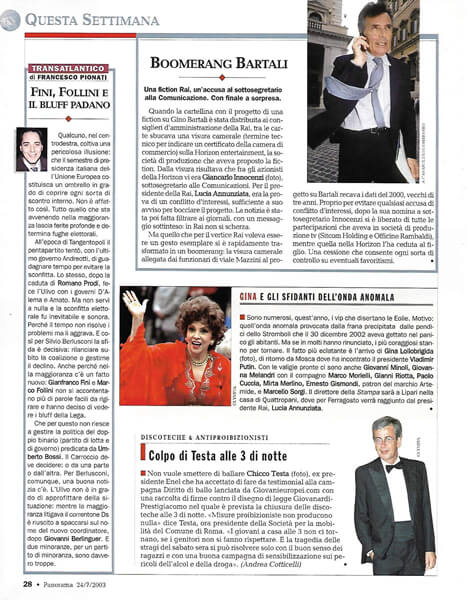 Panorama, n. 30 del 2003, pag. 28: Colpo di Testa alle 3 di notte