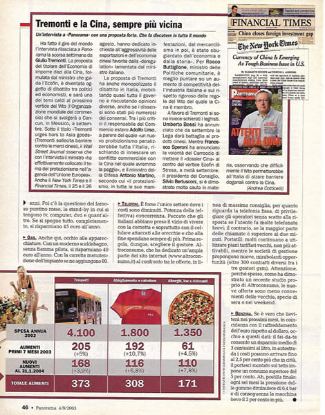 Panorama, n. 36 del 2003, pag. 46: Tremonti e la Cina, sempre più vicina
