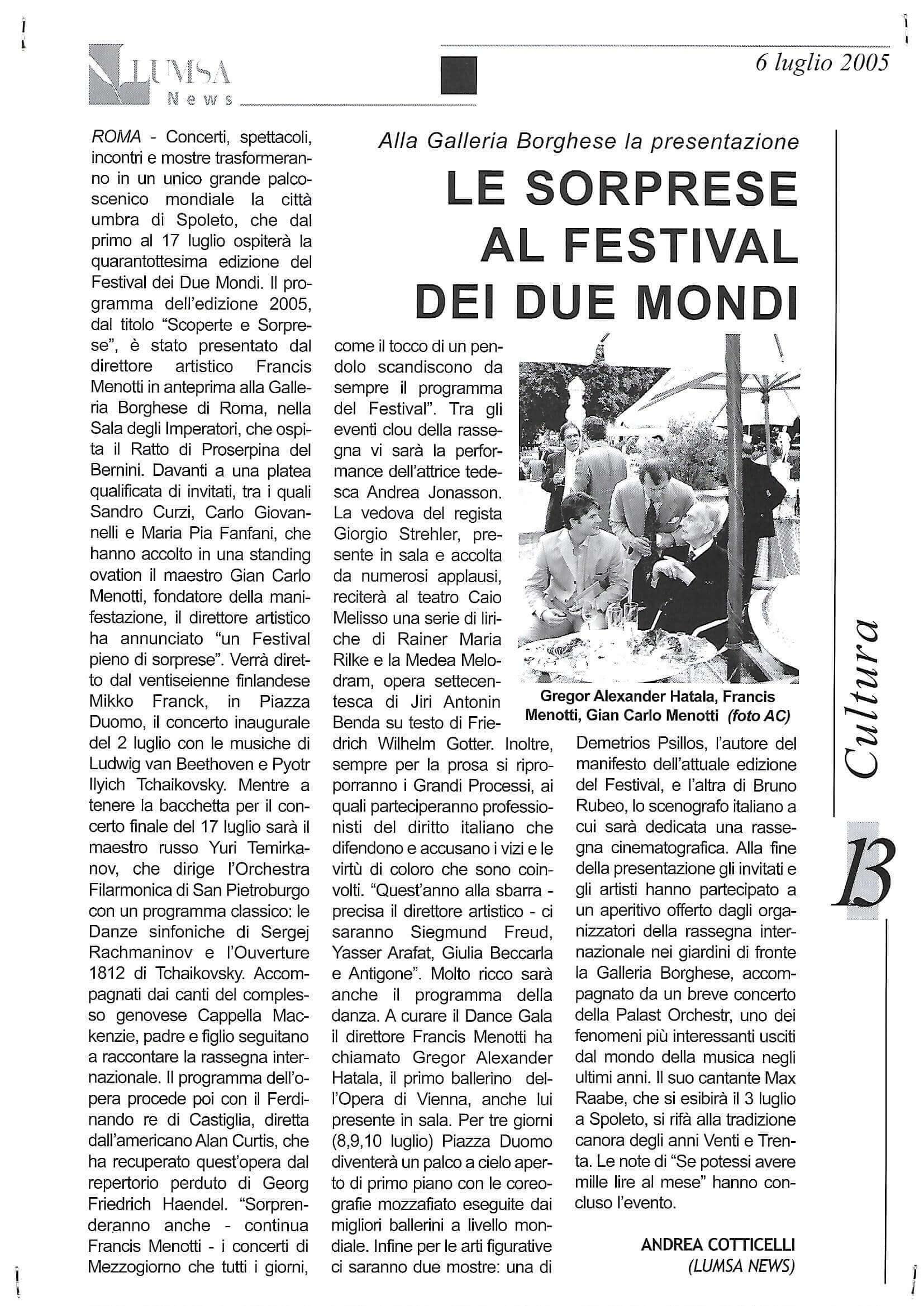 LUMSA News, n. 24 del 6-07-2005: “Le sorprese al Festival dei Due Mondi”
