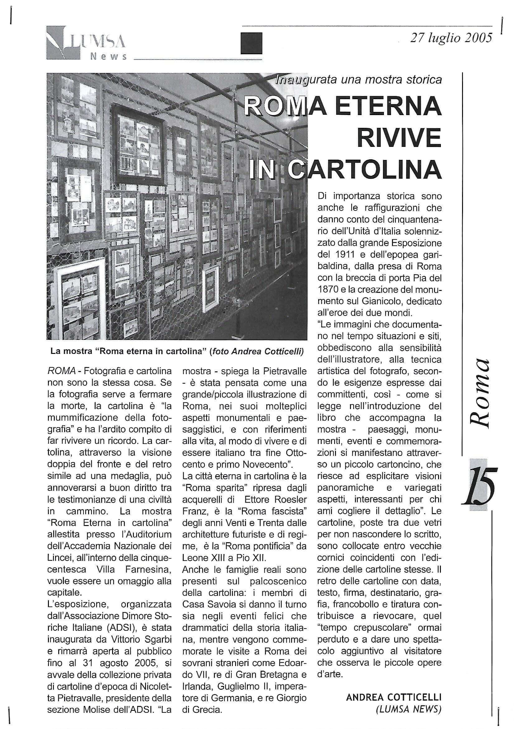 LUMSA News, n. 27 del 27-07-2005: “Roma Eterna rivive in cartolina”