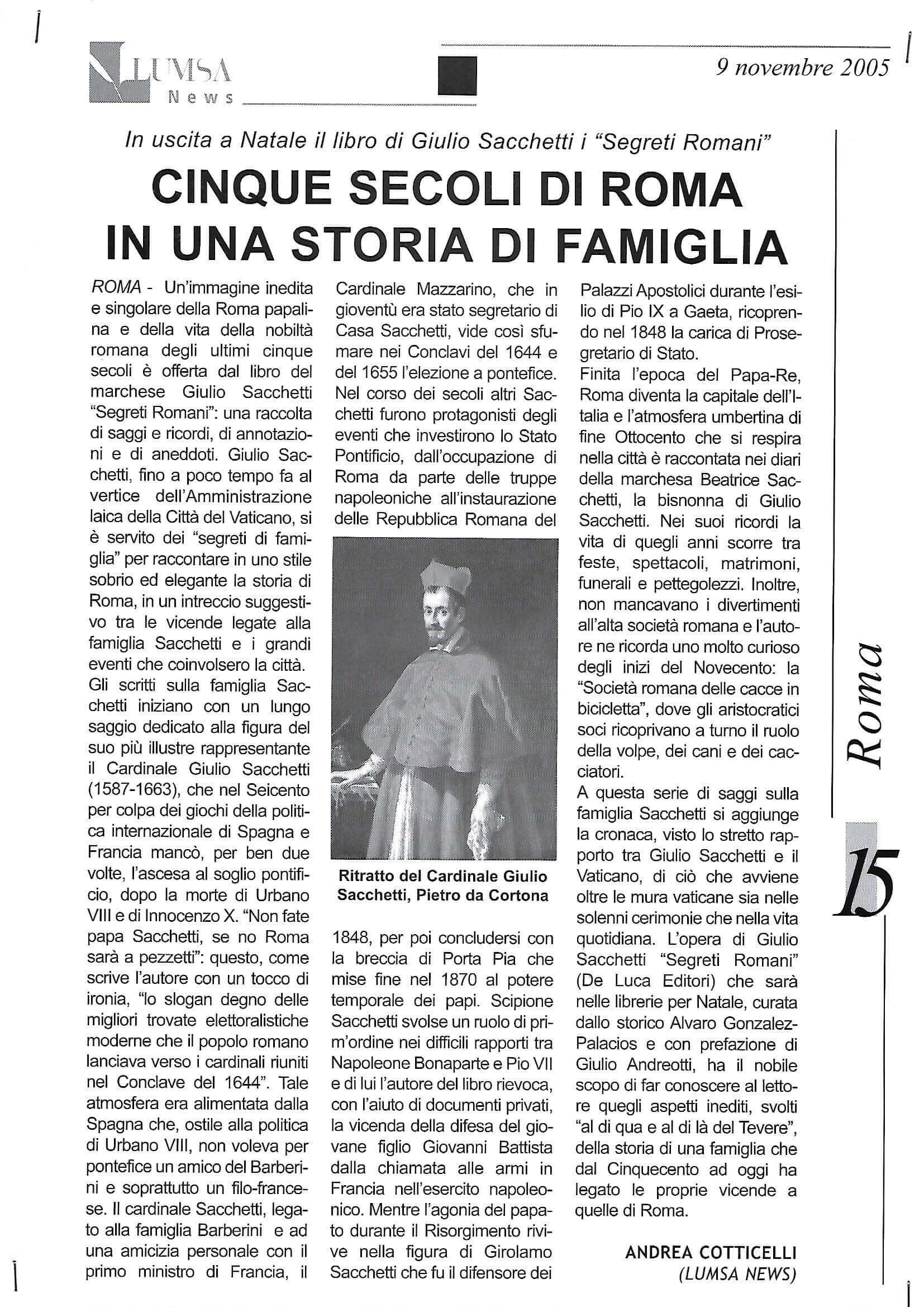 LUMSA News, n. 38 del 9-10-2005: “Cinque secoli di Roma in una storia di Famiglia”