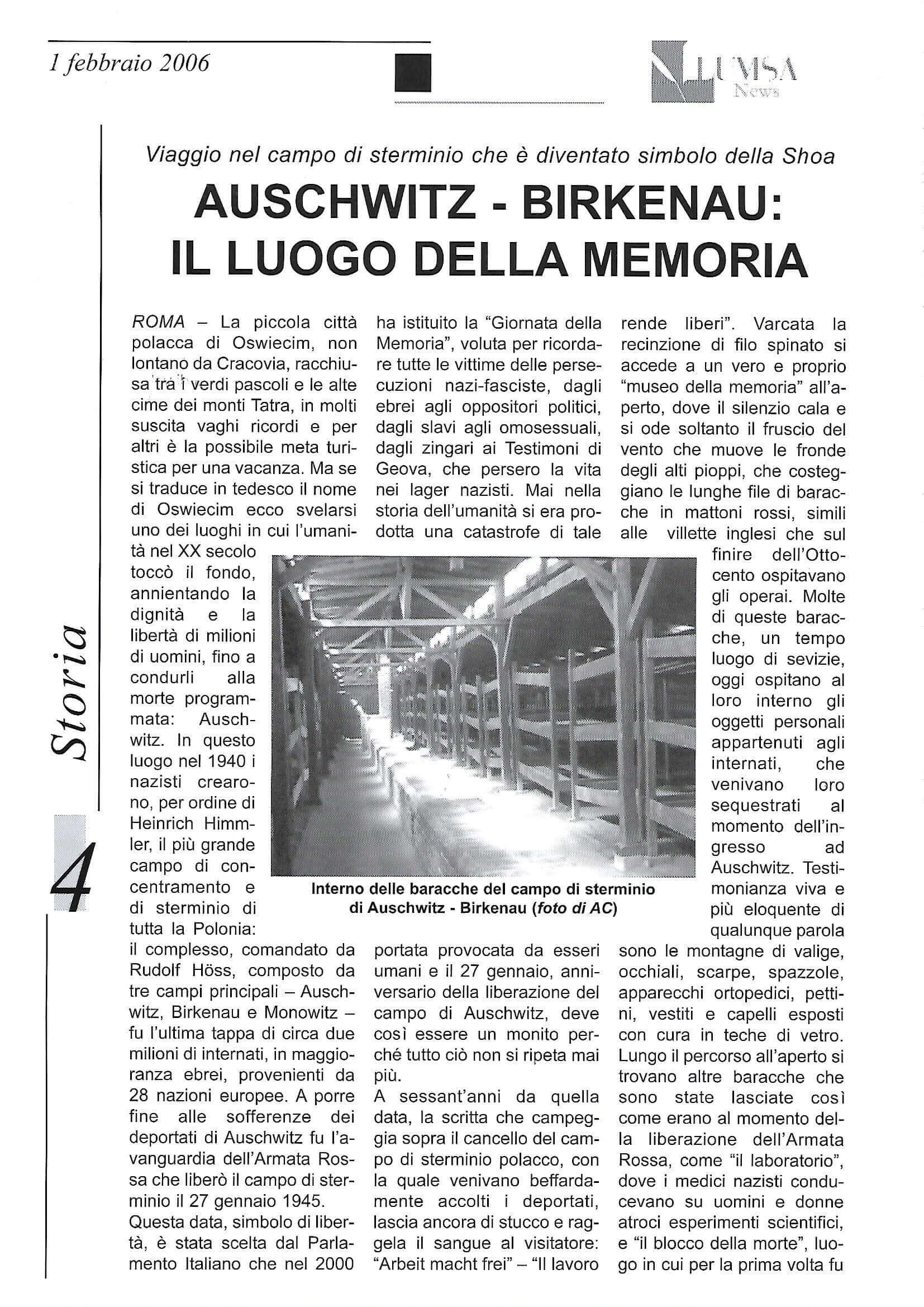 LUMSA News, n. 5 del 1°-02-2006: “Auschwitz-Birkenau: il luogo della Memoria”