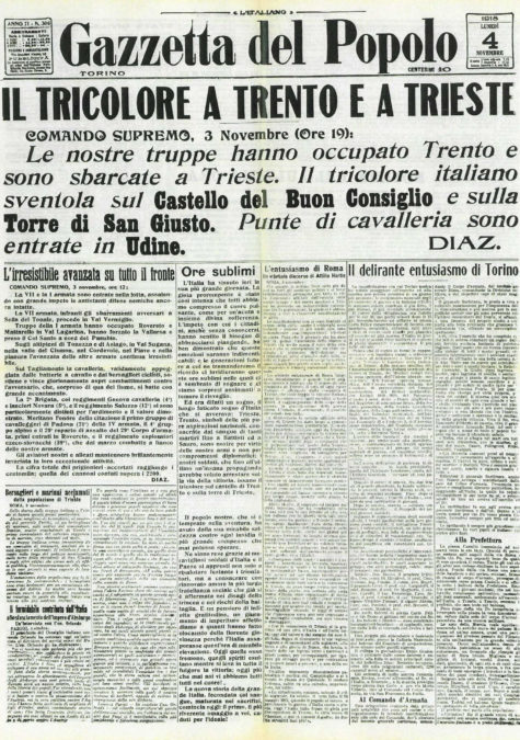 Gazzetta del Popolo del 4 novembre 1918: La Vittoria: “Il Tricolore a Trento e Trieste”