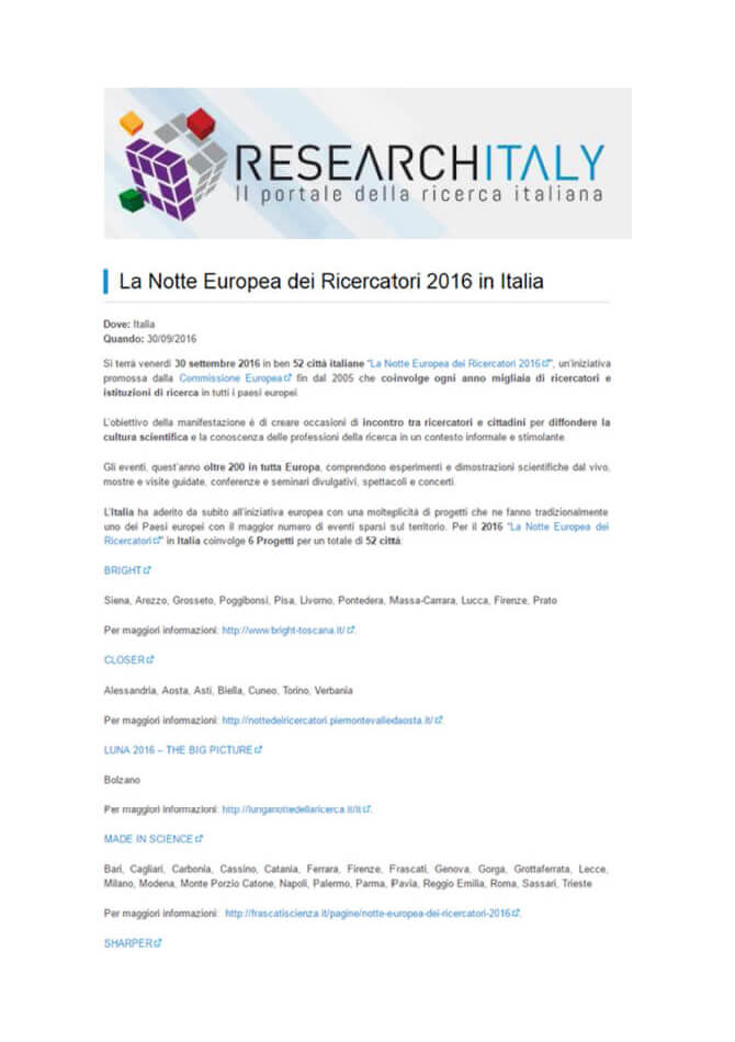 Researchitaly 8-09-2016: La Notte Europea dei Ricercatori 2016 in Italia