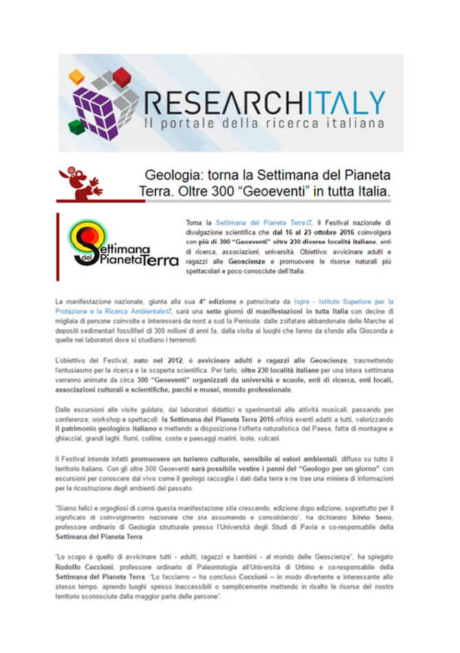 Researchitaly 11-10-2016: Geologia: torna la Settimana del Pianeta Terra. Oltre 300 “Geoeventi” in tutta Italia