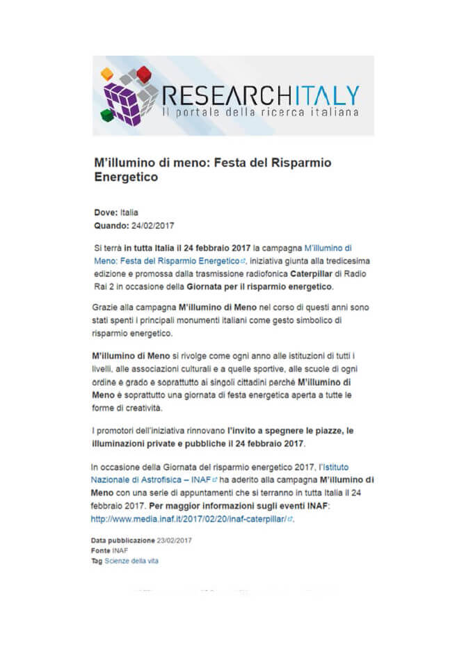 Researchitaly 23-02-2017: M’illumino di meno: Festa del risparmio energetico