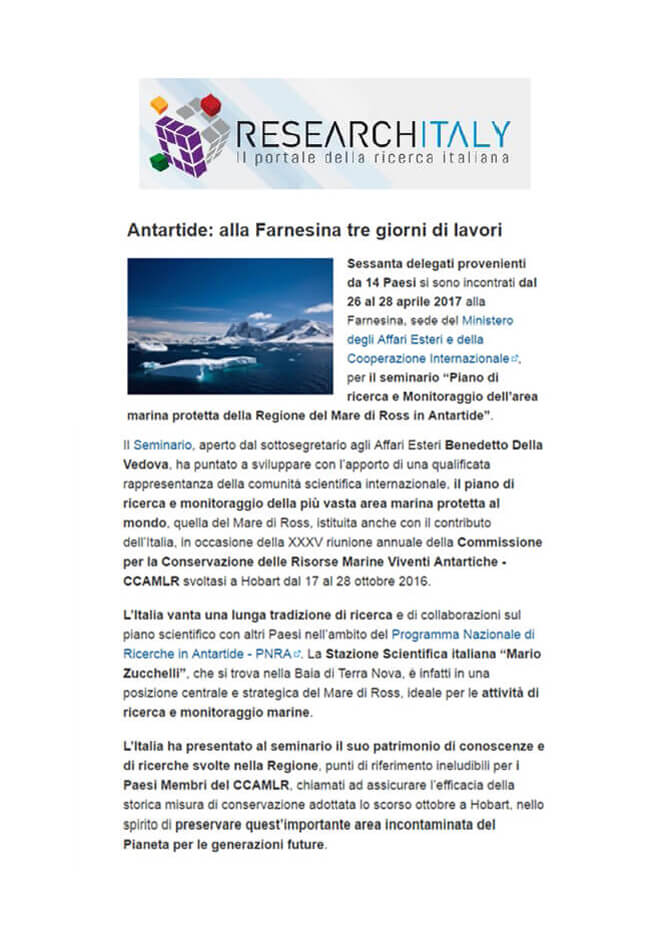 Researchitaly 5-05-2017: Antartide: alla Farnesina tre giorni di lavori
