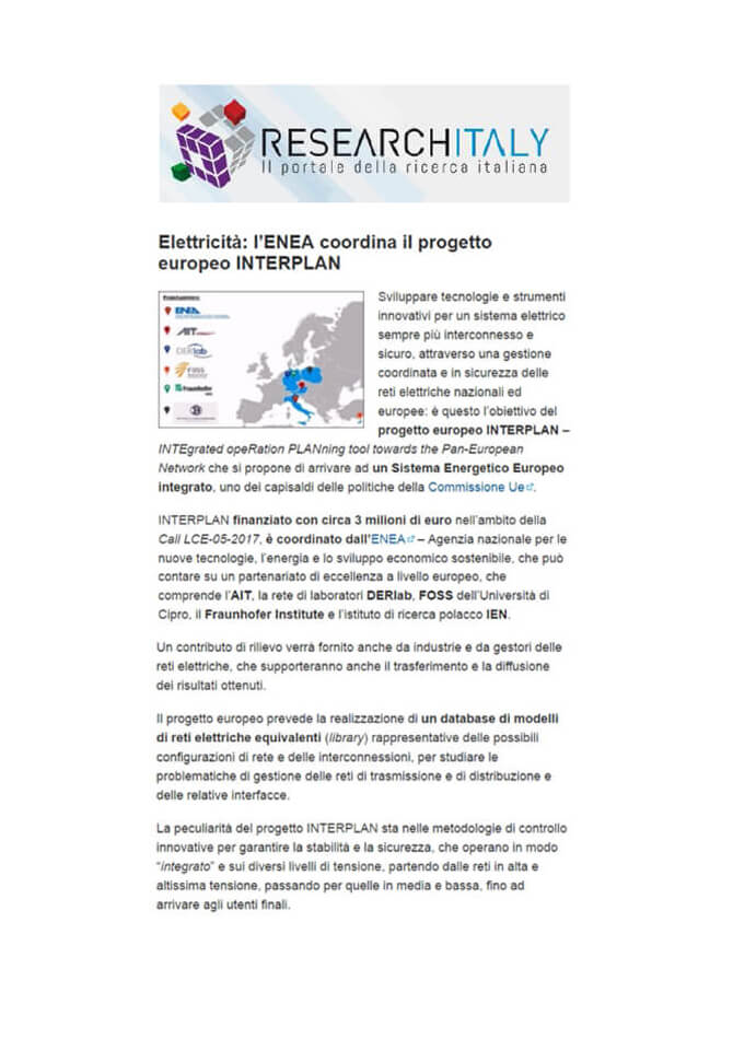 Researchitaly 22-06-2017: Elettricità: l’ENEA coordina il progetto europeo INTERPLAN