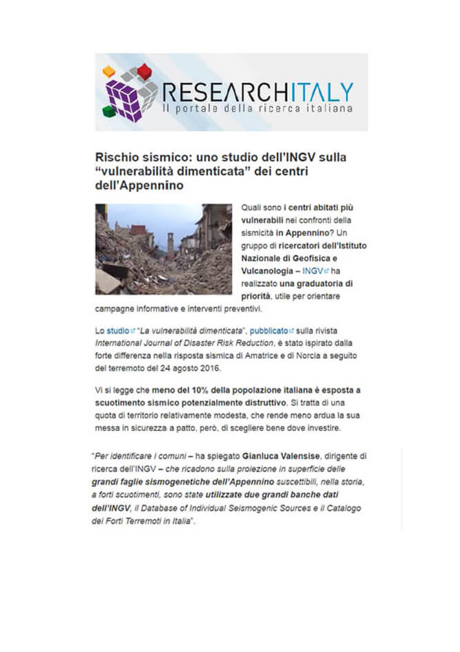 Researchitaly 24-11-2017: Rischio sismico: uno studio dell’INGV sulla “vulnerabilità dimenticata” dei centri dell’Appennino
