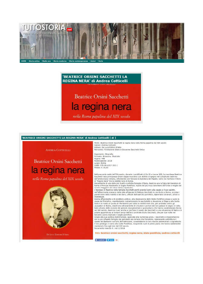 TuttoStoria, 14 Novembre 2018: “Beatrice Orsini Sacchetti la Regina Nera” di Andrea Cotticelli