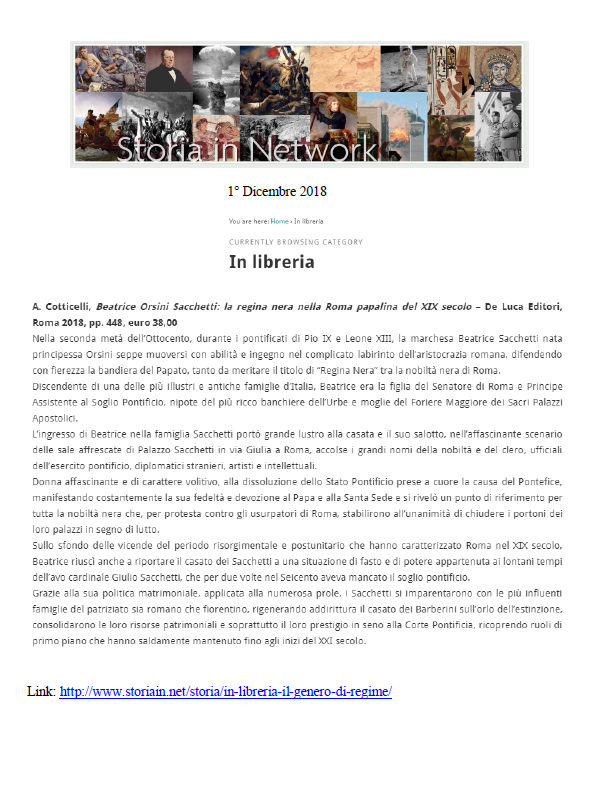 Storia in Network, 1° Dicembre 2018: “A. Cotticelli: Beatrice Orsini Sacchetti, la regina nera nella Roma papalina del XIX secolo”