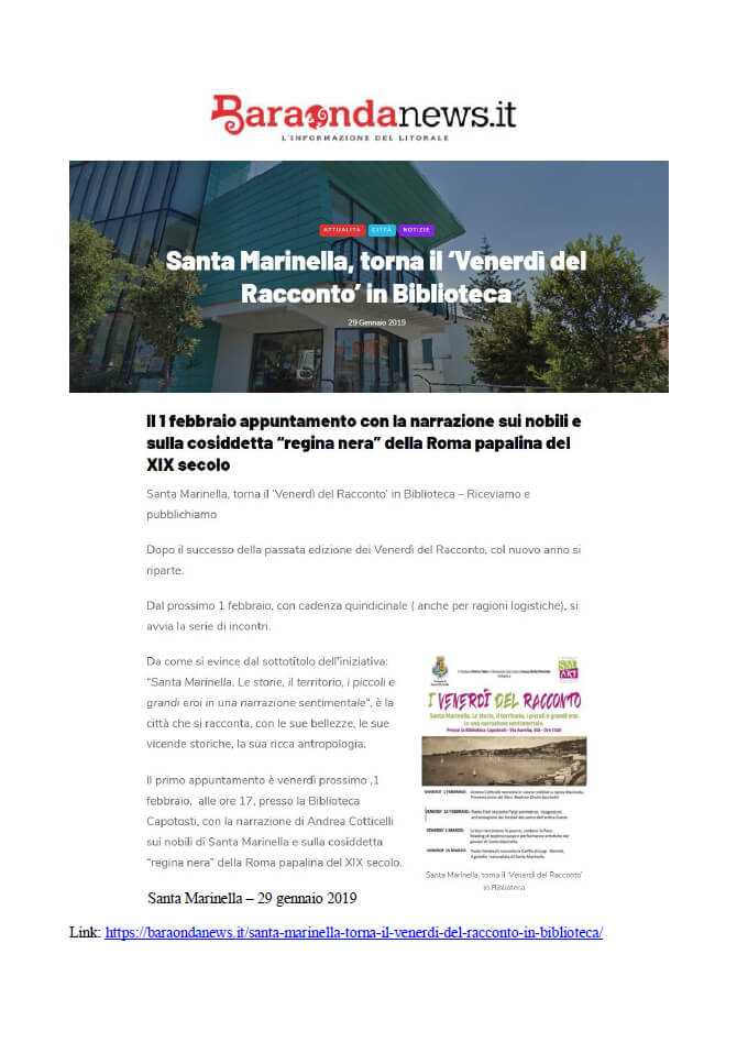 Baraonda News, 29 Gennaio 2019 “Santa Marinella, torna il ‘Venerdì del Racconto’ in Biblioteca”