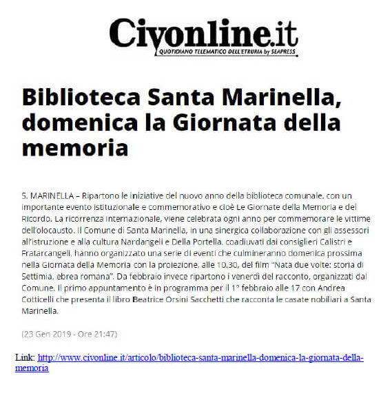Civonline, 23 Gennaio 2019: “Biblioteca Santa Marinella, domenica la Giornata della memoria”
