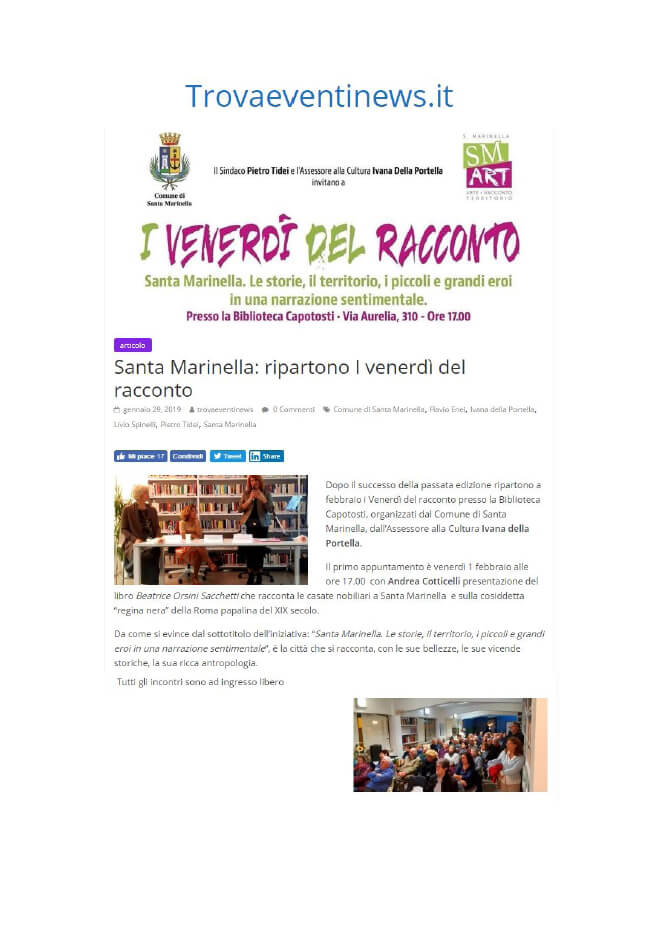 TrovaEventiNews.it, 29 Gennaio 2019: “Santa Marinella: ripartono I Venerdì del Racconto”
