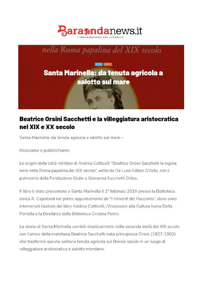 Baraonda News, 3 Febbraio 2019: “Santa Marinella: da tenuta agricola a salotto sul mare”