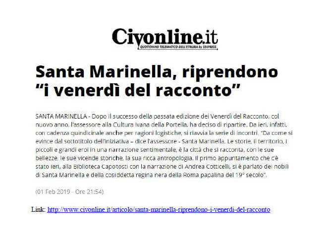 Civonline, 1° Febbraio 2019: “Santa Marinella, riprendono I Venerdì del Racconto”
