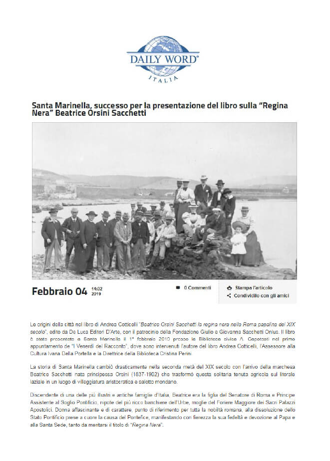 Daily Word Italy, 4 Febbraio 2019: “Santa Marinella, successo per la presentazione del libro sulla ‘Regina Nera’ Beatrice Orsini Sacchetti”