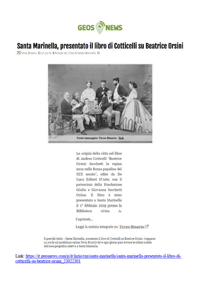 Geos News, 3 Febbraio 2019: “Santa Marinella, presentato il libro di Cotticelli su Beatrice Orsini”