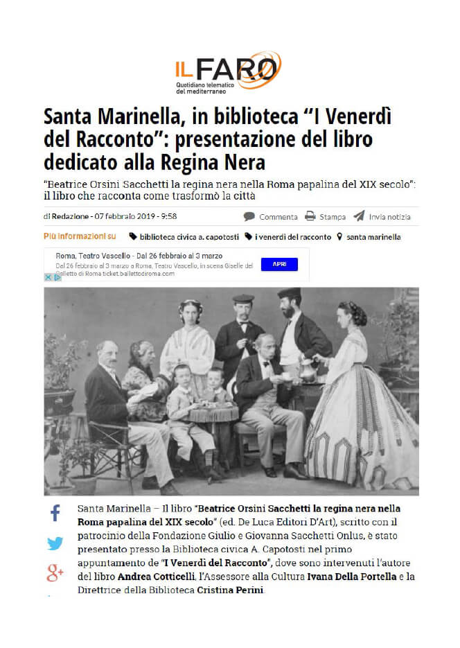 Il Faro, 7 Febbraio 2019: “Santa Marinella, in biblioteca ‘I Venerdì del Racconto’: presentazione del libro dedicato alla Regina Nera”