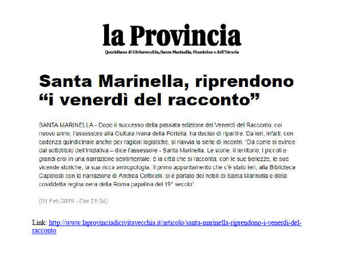 La Provincia, 1° Febbraio 2019: “Santa Marinella, riprendono I Venerdì del Racconto”