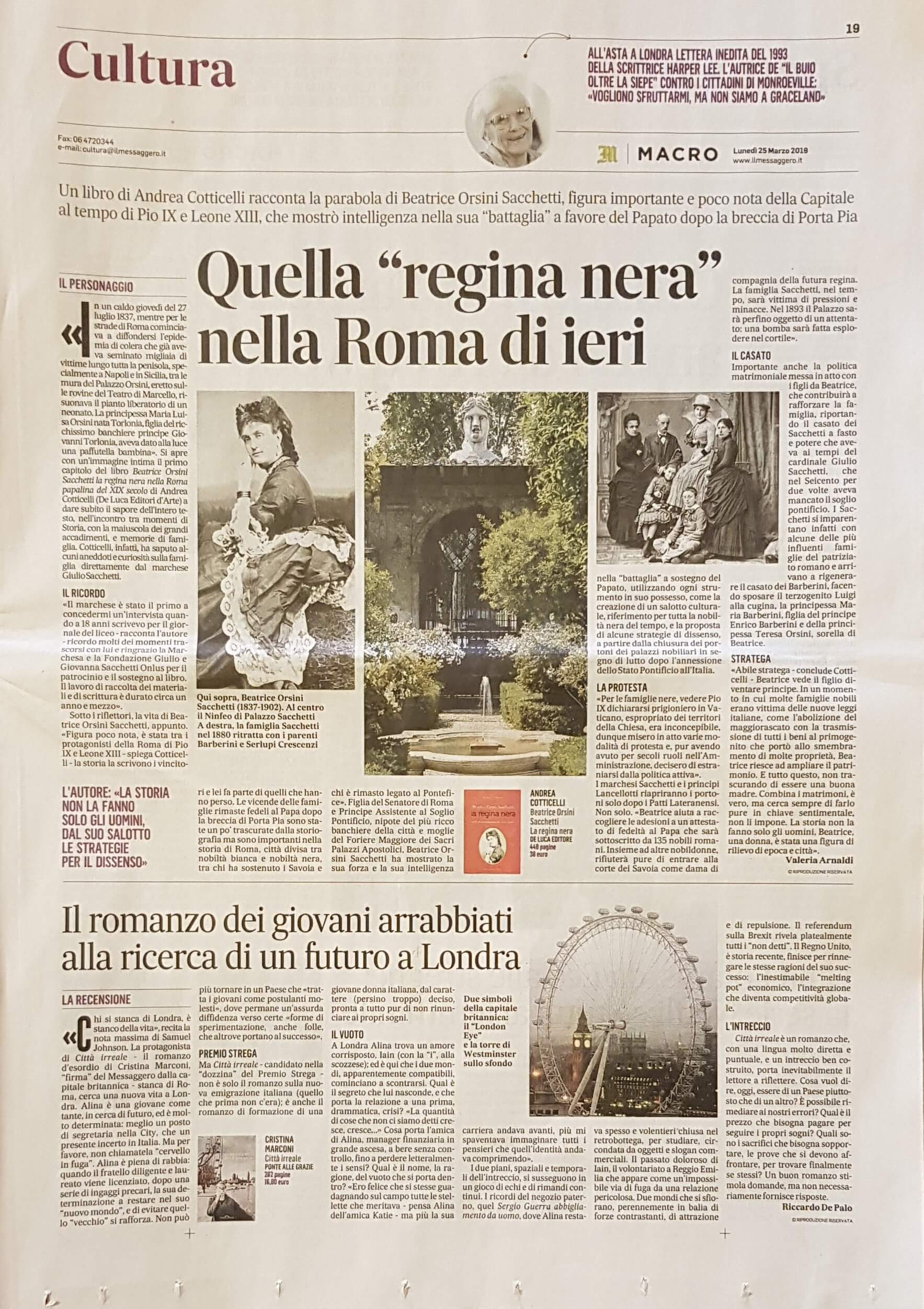 Il Messaggero, 25 marzo 2019: “Quella ‘Regina Nera’ nella Roma di ieri”