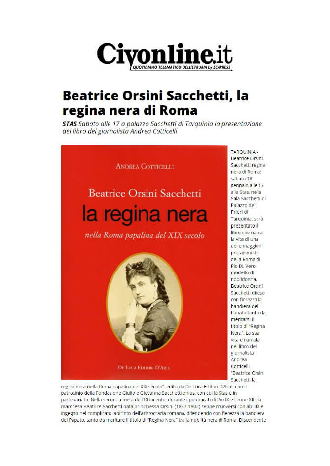 Civonline, 15 Gennaio 2020: “Beatrice Orsini Sacchetti, la regina nera di Roma”