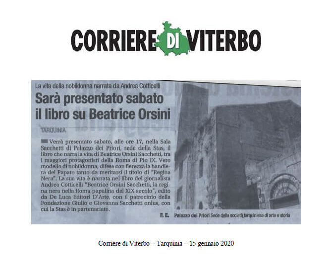 Corriere di Viterbo, 15 Gennaio 2020: “Sarà presentato sabato il libro su Beatrice Orsini”