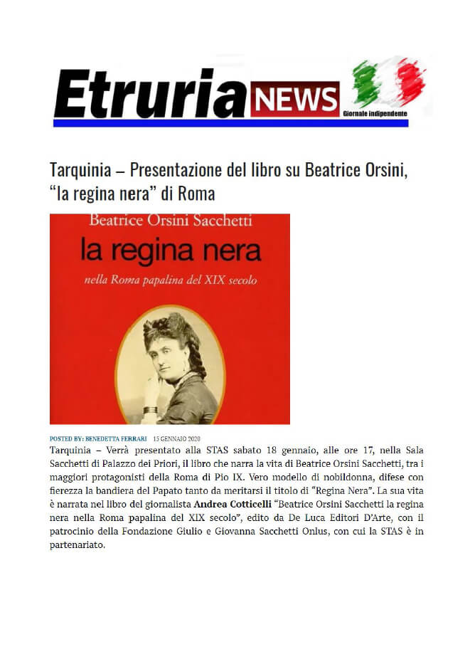 Etruria News, 15 Gennaio 2020: “Tarquinia - Presentazione del libro su Beatrice Orsini, ‘la regina nera’ di Roma”