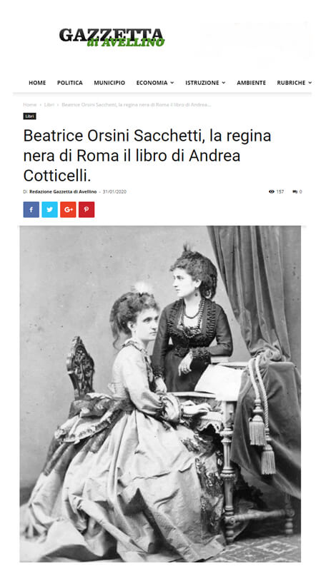 Gazzetta di Avellino, 31 Gennaio 2020: “Beatrice Orsini Sacchetti, la regina nera di Roma il libro di Andrea Cotticelli”