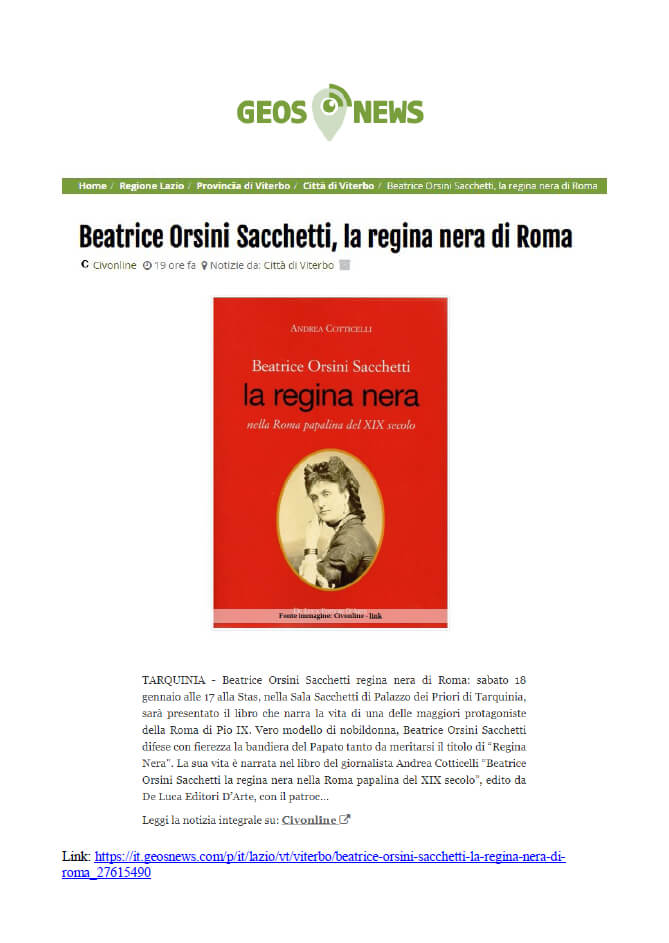 Geos News, 15 Gennaio 2020: “Beatrice Orsini Sacchetti, la regina nera di Roma”