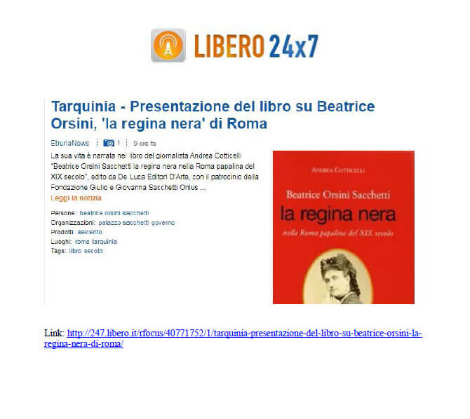 Libero, 15 Gennaio 2020: “Tarquinia - Presentazione del libro su Beatrice Orsini, ‘la regina nera’ di Roma”