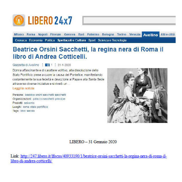 Libero, 31 Gennaio 2020: “Beatrice Orsini Sacchetti, la regina nera di Roma il libro di Andrea Cotticelli”