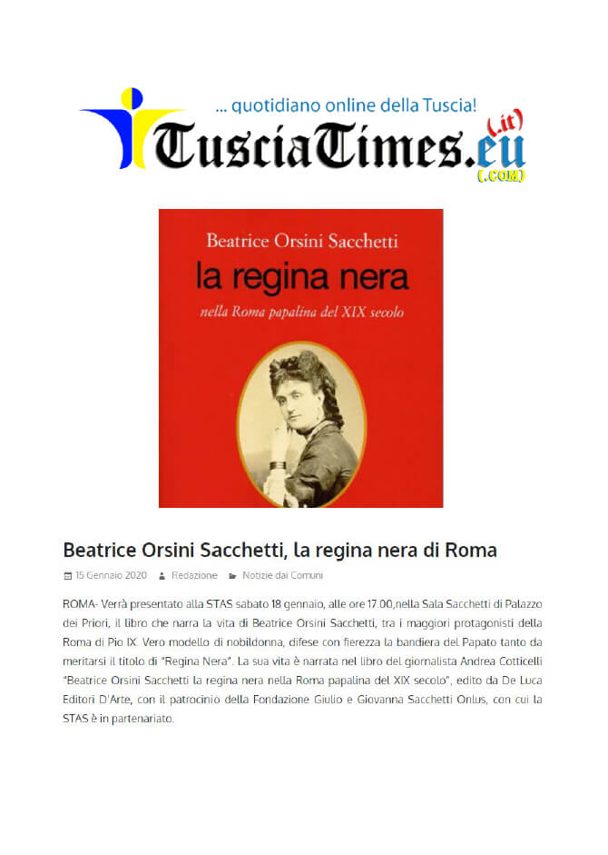 Tuscia Times, 15 Gennaio 2020: “Beatrice Orsini Sacchetti, la regina nera di Roma”