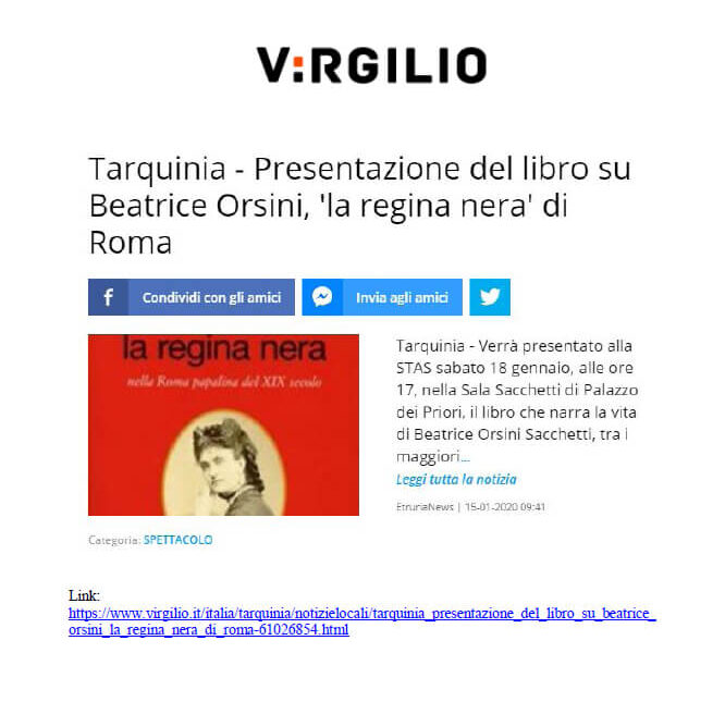 Virgilio, 15 Gennaio 2020: “Tarquinia - Presentazione del libro su Beatrice Orsini, ‘la regina nera’ di Roma”
