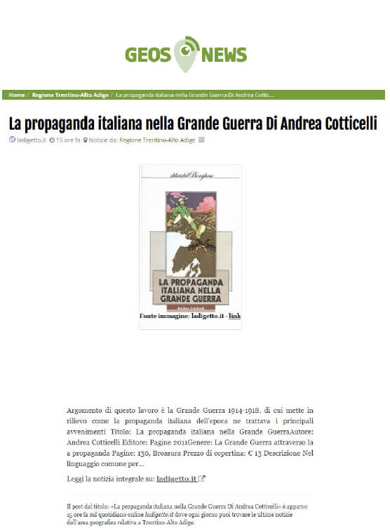 Geos News, 19 Febbraio 2020: “La Propaganda Italiana nella Grande Guerra di Andrea Cotticelli”