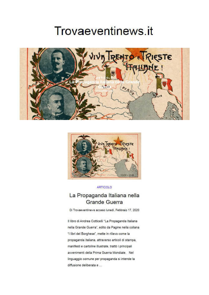 TrovaEventiNews.it, 17 Febbraio 2020: “La Propaganda Italiana nella Grande Guerra”