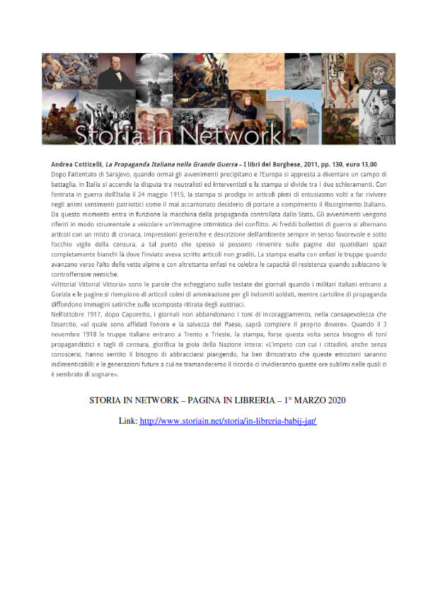 Storia in Network, 1° Marzo 2020: “Andrea Cotticelli, ‘La Propaganda Italiana nella Grande Guerra’, I libri del Borghese”