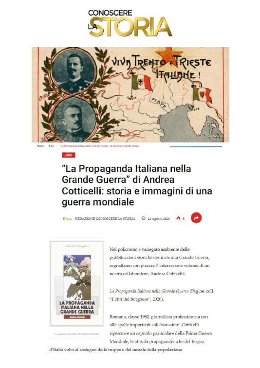 Conoscere La Storia - 24 Agosto 2020: “La Propaganda Italiana nella Grande Guerra” di Andrea Cotticelli: storia e immagini di una guerra mondiale