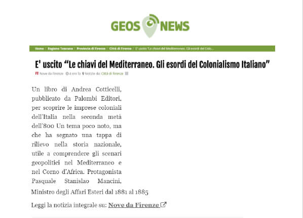 Geos News - 29 Gennaio 2021: È uscito “Le chiavi del Mediterraneo. Gli esordi del Colonialismo Italiano”