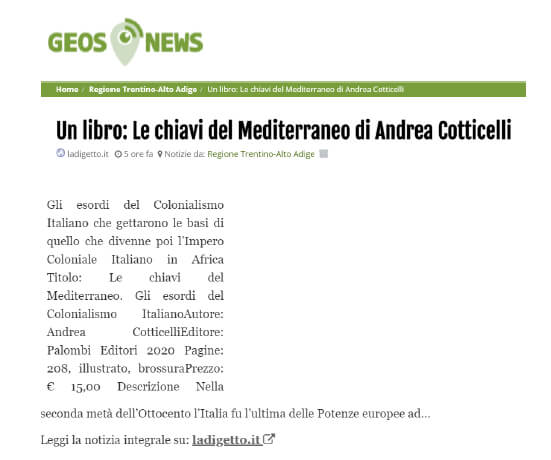 Geos News - 17 Gennaio 2021: Un libro: Le chiavi del Mediterraneo di Andrea Cotticelli