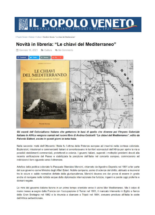 Il Popolo Veneto - 16 Gennaio 2021: Novità in libreria: “Le chiavi del Mediterraneo”