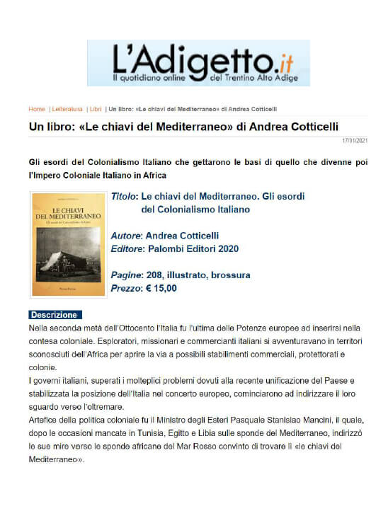 L’Adigetto - 17 Gennaio 2021: Un libro: “Le chiavi del Mediterraneo” di Andrea Cotticelli