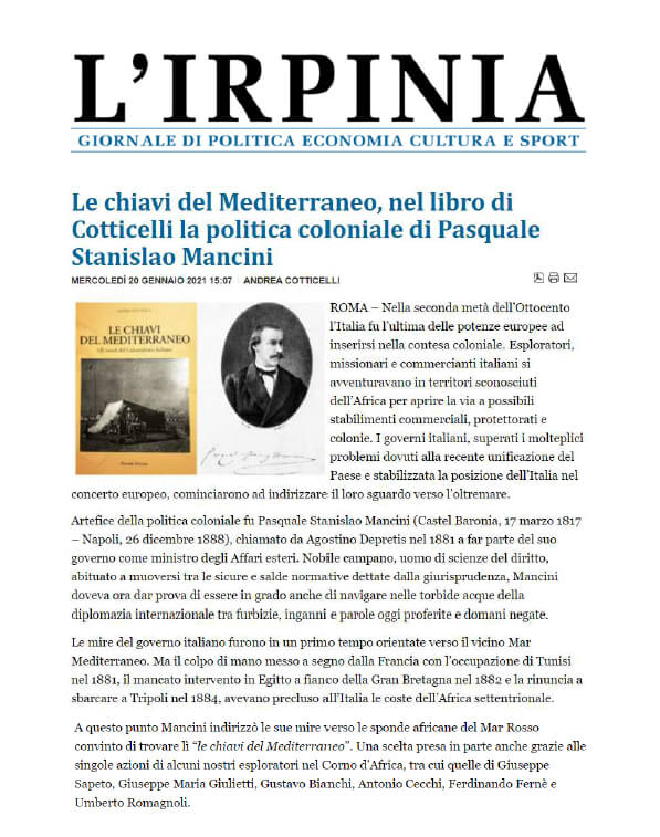 L’Irpinia - 20 Gennaio 2021: Le chiavi del Mediterraneo, nel libro di Cotticelli la politica coloniale di Pasquale Stanislao Mancini