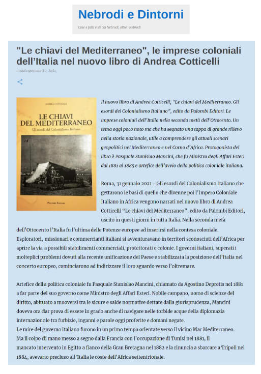 Nebrodi e Dintorni - 30 Gennaio 2021: “Le chiavi del Mediterraneo”, le imprese coloniali dell’Italia nel nuovo libro di Andrea Cotticelli