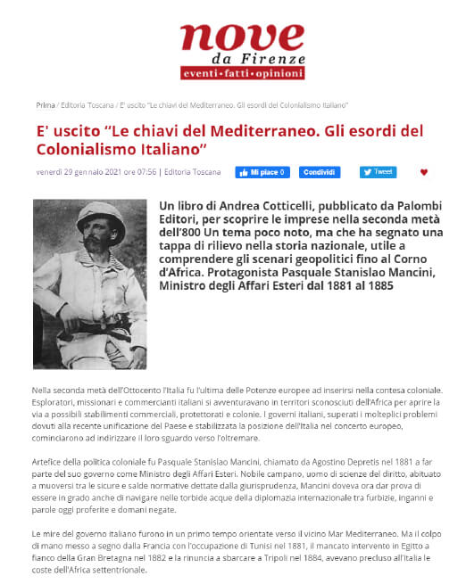 Nove da Firenze - 29 Gennaio 2021: È uscito “Le chiavi del Mediterraneo. Gli esordi del Colonialismo Italiano”