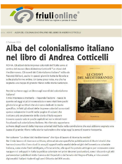 Friuli Online - 5 Febbraio 2021: Alba del colonialismo italiano nel libro di Andrea Cotticelli