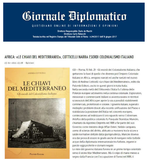 Giornale Diplomatico - 15 Febbraio 2021: Africa: “Le chiavi del Mediterraneo”, Cotticelli narra esordi Colonialismo Italiano