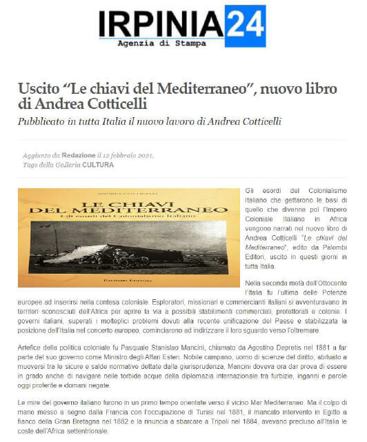 Irpinia24 - 12 Febbraio 2021: Uscito “Le chiavi del Mediterraneo”, nuovo libro di Andrea Cotticelli